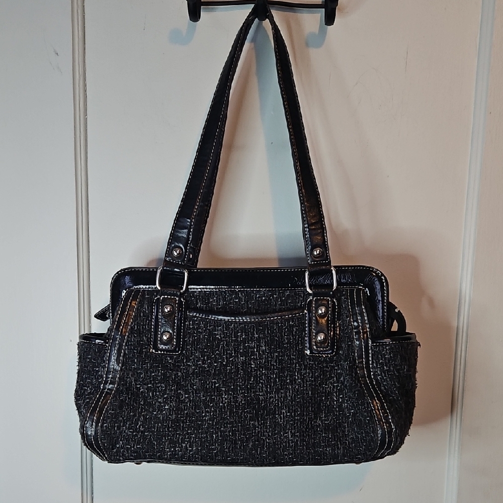 Women's Tignanello Gray Tweed Shoulder Bag W/ Black Patent Trim